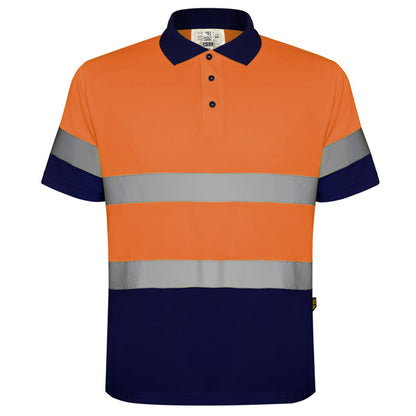 Roly WRK Polaris men's high-visibility polo shirt in navy blue/fluor orange, ready for logo printing or embroidery