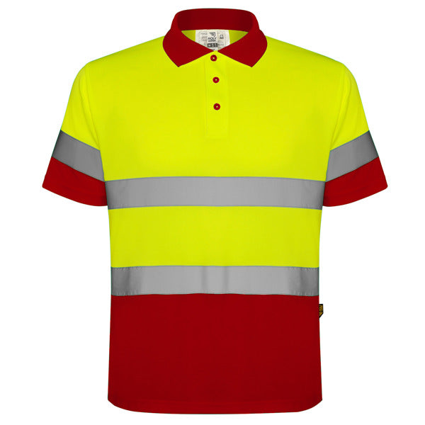 Roly WRK Polaris men's high-visibility polo shirt in job red/fluor yellow, ready for logo printing or embroidery