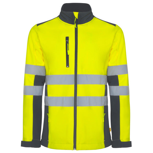 Roly WRK Antares men's high-visibility softshell jacket in lead/fluor yellow, ready for logo printing or embroidery