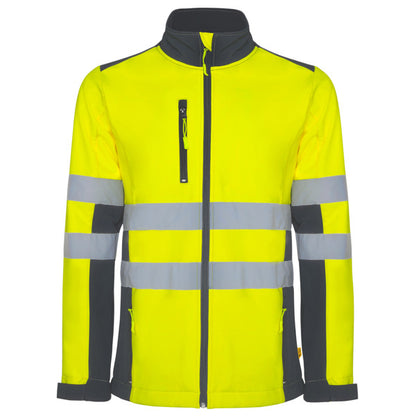 Roly WRK Antares men's high-visibility softshell jacket in lead/fluor yellow, ready for logo printing or embroidery