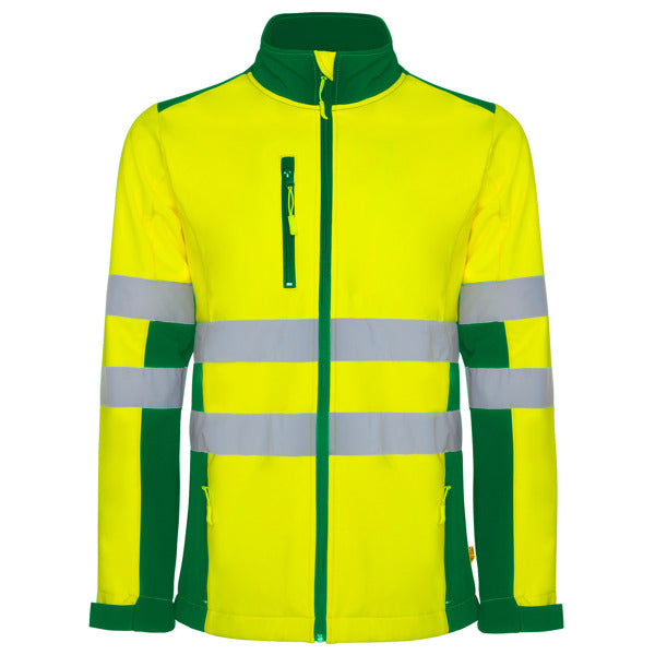 Roly WRK Antares men's high-visibility softshell jacket in garden green/fluor yellow, ready for logo printing or embroidery
