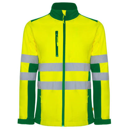 Roly WRK Antares men's high-visibility softshell jacket in garden green/fluor yellow, ready for logo printing or embroidery