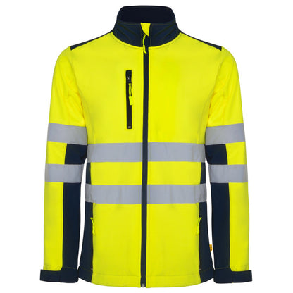 Roly WRK Antares men's high-visibility softshell jacket in navy blue/fluor yellow, ready for logo printing or embroidery