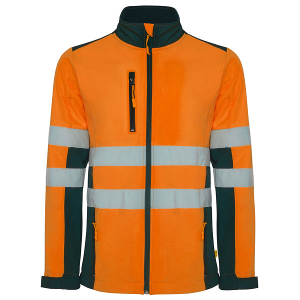 Roly WRK Antares men's high-visibility softshell jacket in navy blue/fluor orange, ready for logo printing or embroidery