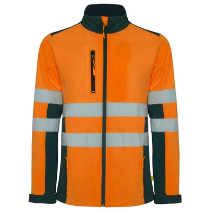 Roly WRK Antares men's high-visibility softshell jacket in navy blue/fluor orange, ready for logo printing or embroidery