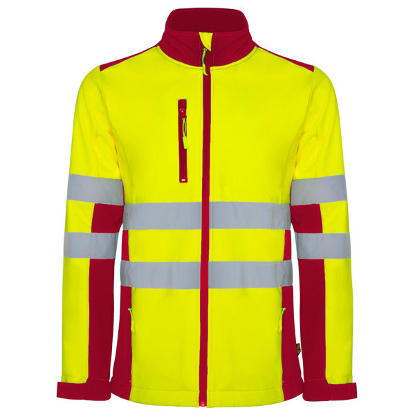 Roly WRK Antares men's high-visibility softshell jacket in job red/fluor yellow, ready for logo printing or embroidery