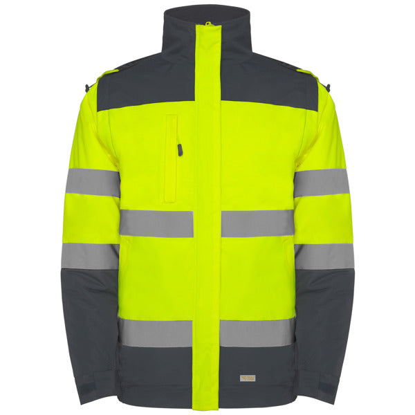 Roly WRK Epsylon men's high-visibility padded jacket in lead/fluor yellow, ready for logo printing or embroidery