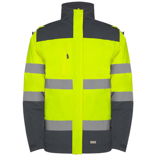 Roly WRK Epsylon men's high-visibility padded jacket in lead/fluor yellow, ready for logo printing or embroidery