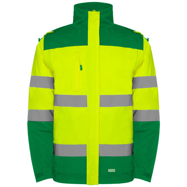 Roly WRK Epsylon men's high-visibility padded jacket in garden green/fluor yellow, ready for logo printing or embroidery