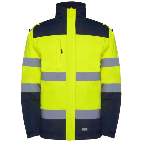 Roly WRK Epsylon men's high-visibility padded jacket in navy blue/fluor yellow, ready for logo printing or embroidery