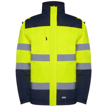 Roly WRK Epsylon men's high-visibility padded jacket in navy blue/fluor yellow, ready for logo printing or embroidery