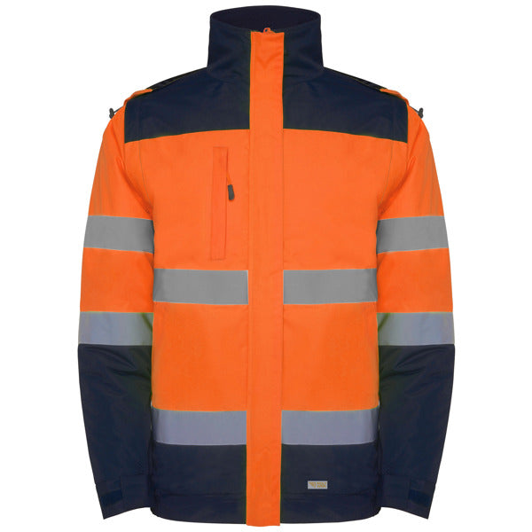 Roly WRK Epsylon men's high-visibility padded jacket in navy blue/fluor orange, ready for logo printing or embroidery