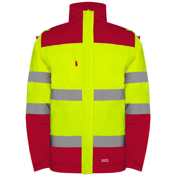 Roly WRK Epsylon men's high-visibility padded jacket in job red/fluor yellow, ready for logo printing or embroidery