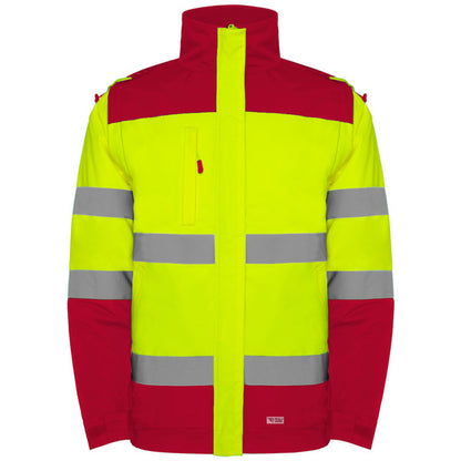 Roly WRK Epsylon men's high-visibility padded jacket in job red/fluor yellow, ready for logo printing or embroidery