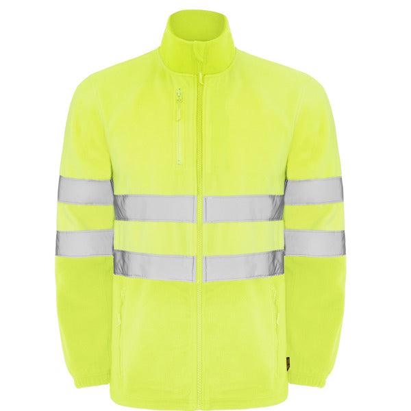 Roly WRK Altair men's high-visibility fleece jacket in fluor yellow, ready for logo printing or embroidery