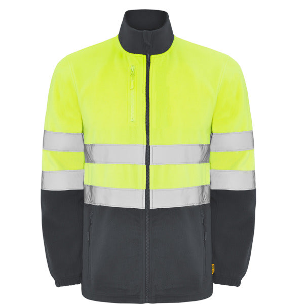 Roly WRK Altair men's high-visibility fleece jacket in lead/fluor yellow, ready for logo printing or embroidery