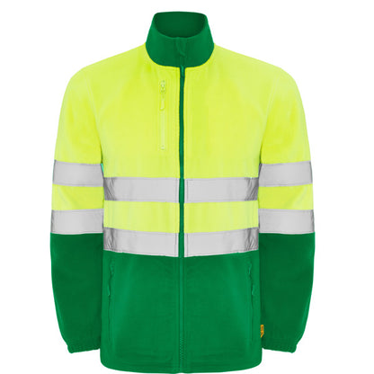 Roly WRK Altair men's high-visibility fleece jacket in garden green/fluor yellow, ready for logo printing or embroidery