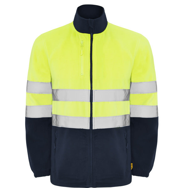 Roly WRK Altair men's high-visibility fleece jacket in navy blue/fluor yellow, ready for logo printing or embroidery