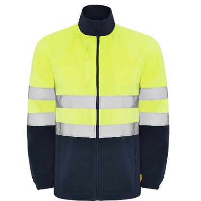 Roly WRK Altair men's high-visibility fleece jacket in navy blue/fluor yellow, ready for logo printing or embroidery