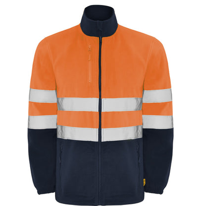 Roly WRK Altair men's high-visibility fleece jacket in navy blue/fluor orange, ready for logo printing or embroidery