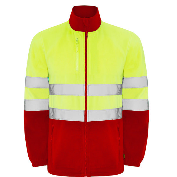 Roly WRK Altair men's high-visibility fleece jacket in job red/fluor yellow, ready for logo printing or embroidery