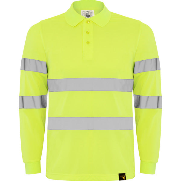 Roly WRK Polaris L/s men's high-visibility long-sleeve polo shirt in fluor yellow, ready for logo printing or embroidery