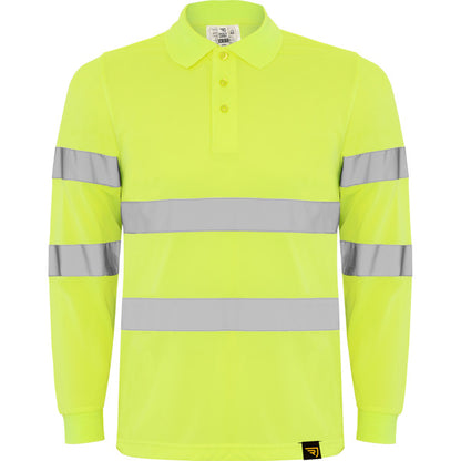 Roly WRK Polaris L/s men's high-visibility long-sleeve polo shirt in fluor yellow, ready for logo printing or embroidery