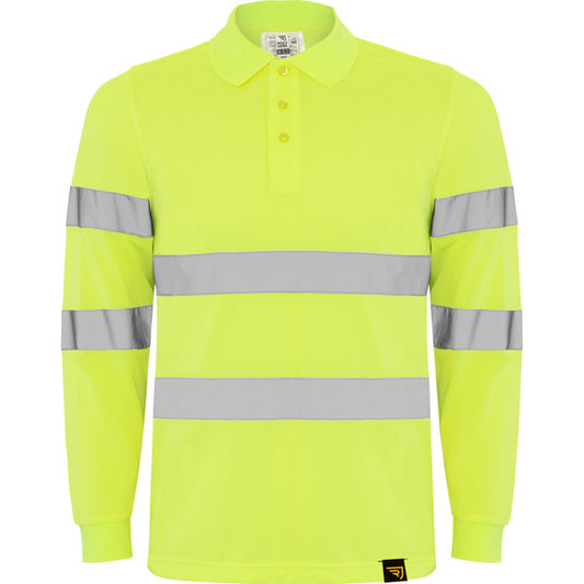 Roly WRK Polaris L/s men's high-visibility long-sleeve polo shirt in fluor yellow, ready for logo printing or embroidery