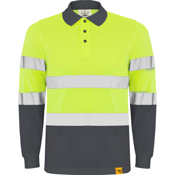 Roly WRK Polaris L/s men's high-visibility long-sleeve polo shirt in lead/fluor yellow, ready for logo printing or embroidery