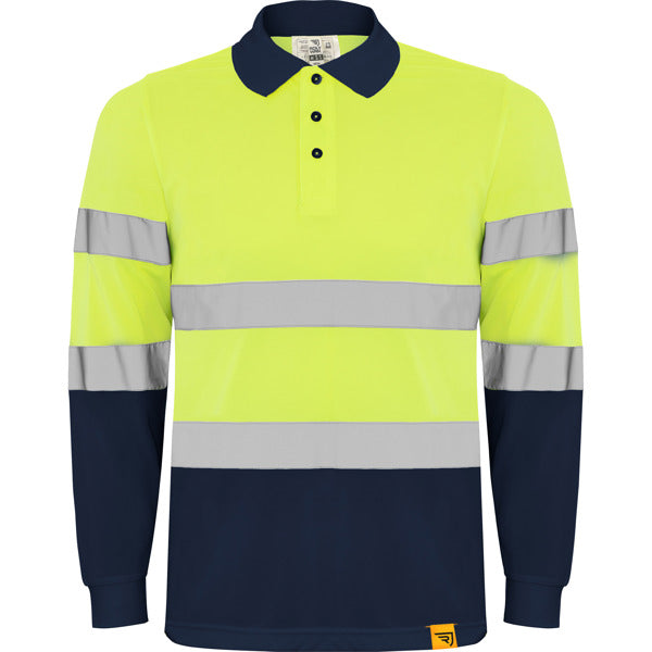 Roly WRK Polaris L/s men's high-visibility long-sleeve polo shirt in navy blue/fluor yellow