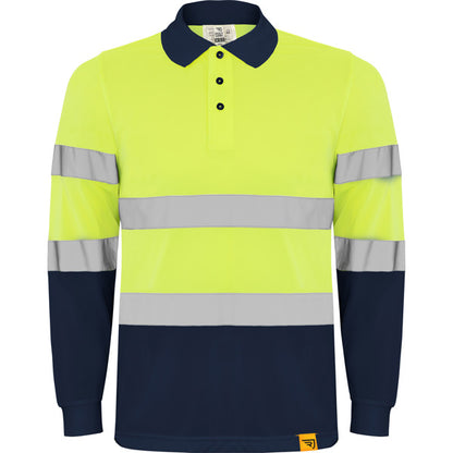 Roly WRK Polaris L/s men's high-visibility long-sleeve polo shirt in navy blue/fluor yellow
