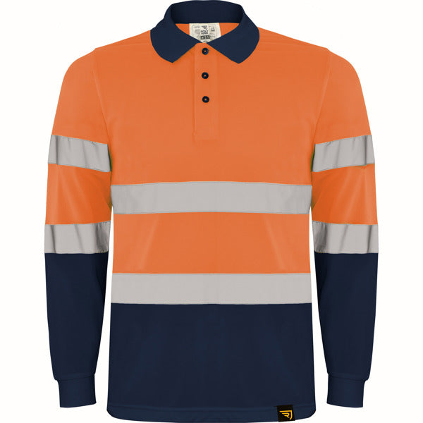 Roly WRK Polaris L/s men's high-visibility long-sleeve polo shirt in navy blue/fluor orange