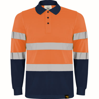 Roly WRK Polaris L/s men's high-visibility long-sleeve polo shirt in navy blue/fluor orange