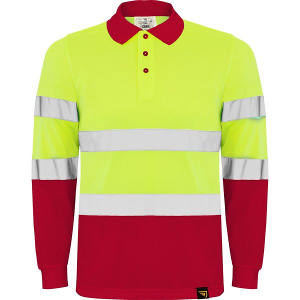 Roly WRK Polaris L/s men's high-visibility long-sleeve polo shirt in job red/fluor yellow