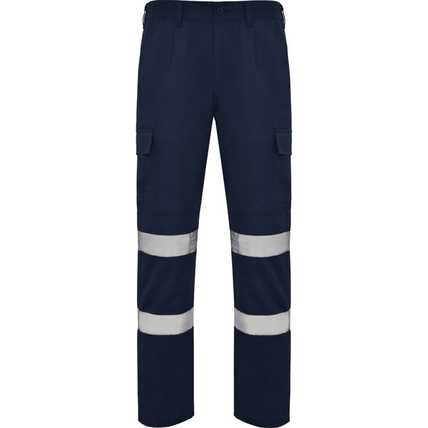 Roly WRK Daily HV men's high-visibility trousers in navy blue, ready for logo printing or embroidery