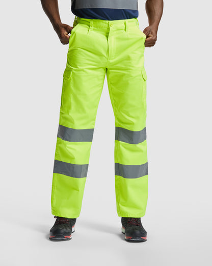 Roly WRK Alfa men's high-visibility trousers in fluor yellow, alternative view, ready for logo printing or embroidery