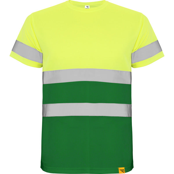 Roly WRK Delta men's high-visibility T-shirt in garden green/fluor yellow, ready for logo printing or embroidery