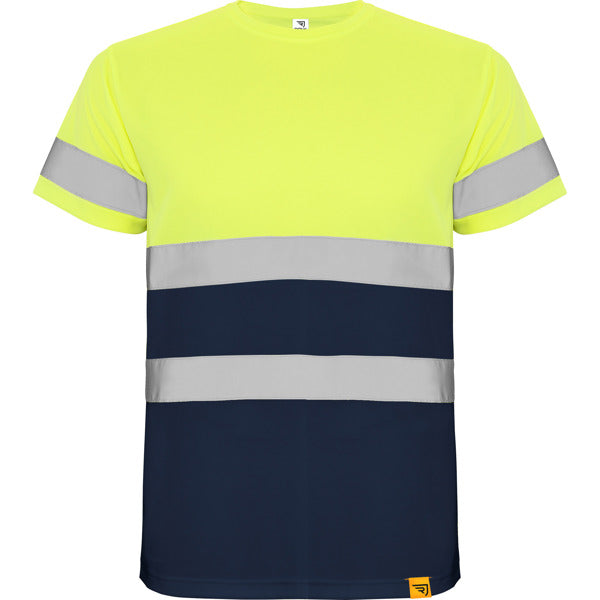 Roly WRK Delta men's high-visibility T-shirt in navy blue/fluor yellow, ready for logo printing or embroidery