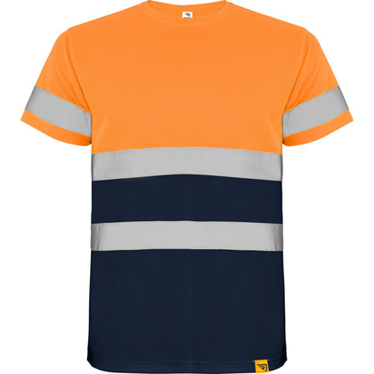 Roly WRK Delta men's high-visibility T-shirt in navy blue/fluor orange, ready for logo printing or embroidery