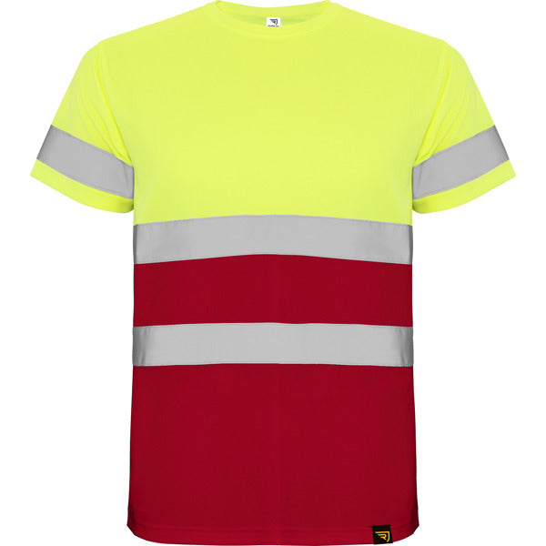 Roly WRK Delta men's high-visibility T-shirt in job red/fluor yellow, ready for logo printing or embroidery