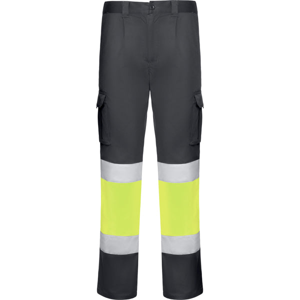 Roly WRK Daily Stretch HV men's high-visibility trousers in lead/fluor yellow, ready for logo printing or embroidery