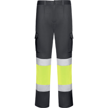 Roly WRK Daily Stretch HV men's high-visibility trousers in lead/fluor yellow, ready for logo printing or embroidery