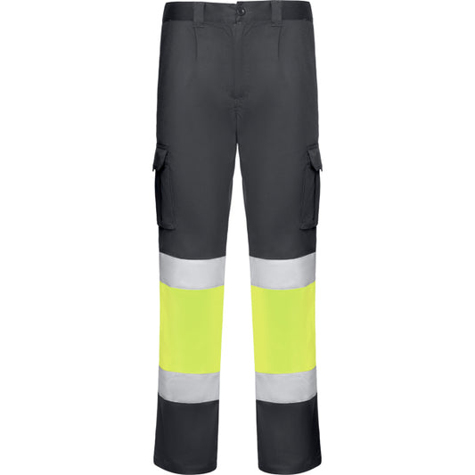 Roly WRK Daily Stretch HV men's high-visibility trousers in lead/fluor yellow, ready for logo printing or embroidery