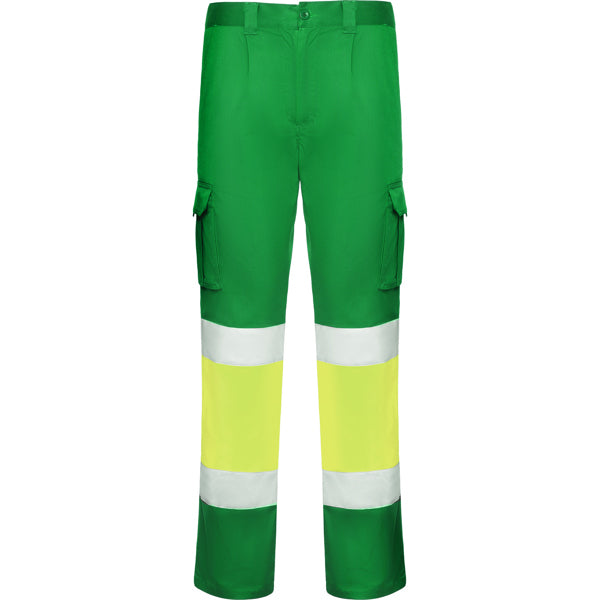 Roly WRK Daily Stretch HV men's high-visibility trousers in garden green/fluor yellow, ready for logo printing or embroidery