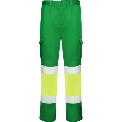 Roly WRK Daily Stretch HV men's high-visibility trousers in garden green/fluor yellow, ready for logo printing or embroidery