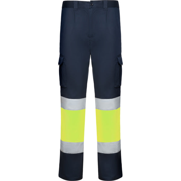 Roly WRK Daily Stretch HV men's high-visibility trousers in navy blue/fluor yellow, ready for logo printing or embroidery