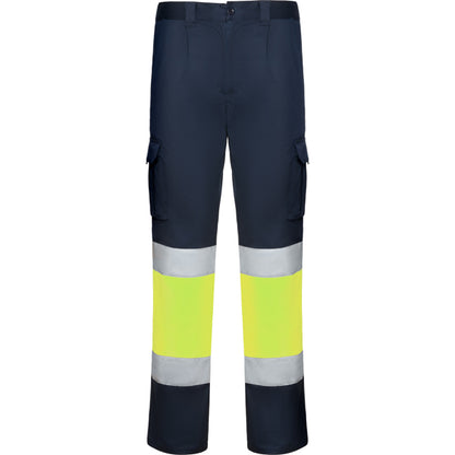 Roly WRK Daily Stretch HV men's high-visibility trousers in navy blue/fluor yellow, ready for logo printing or embroidery