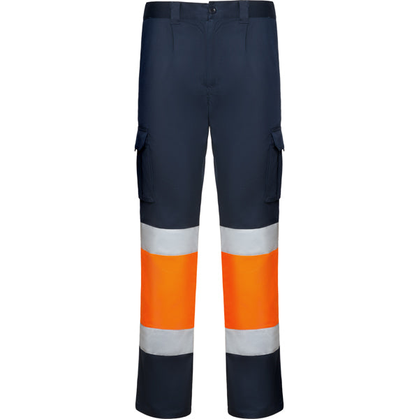 Roly WRK Daily Stretch HV men's high-visibility trousers in navy blue/fluor orange, ready for logo printing or embroidery