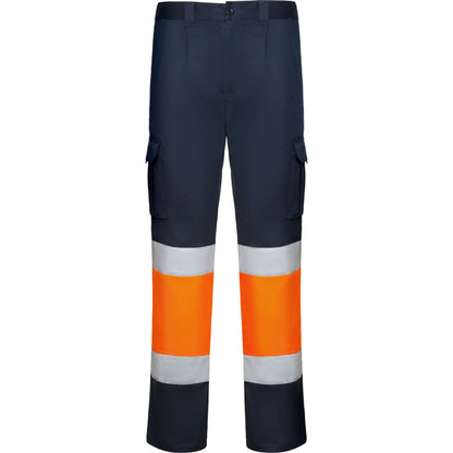 Roly WRK Daily Stretch HV men's high-visibility trousers in navy blue/fluor orange, ready for logo printing or embroidery