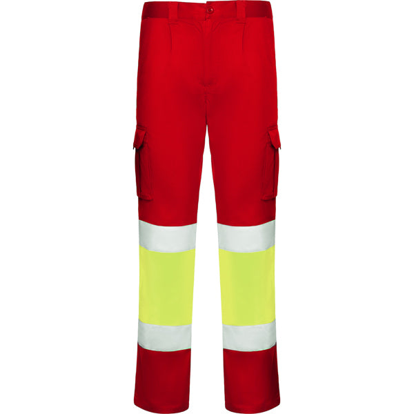 Roly WRK Daily Stretch HV men's high-visibility trousers in job red/fluor yellow, ready for logo printing or embroidery